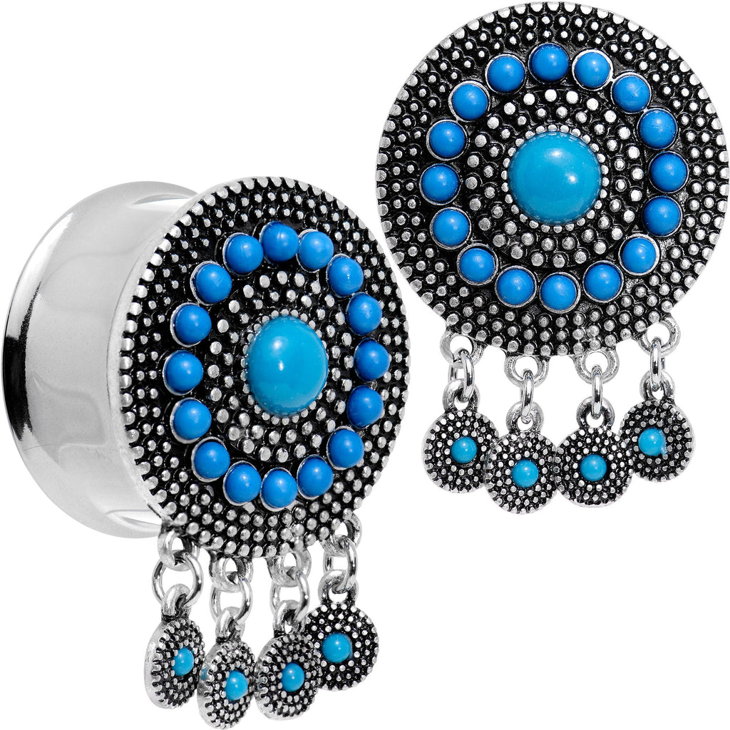 BodyCandy Southwest Blue Drum Dreamcatcher Dangle Double Flare Plug Set 6mm to 25mm — fabric or material detail