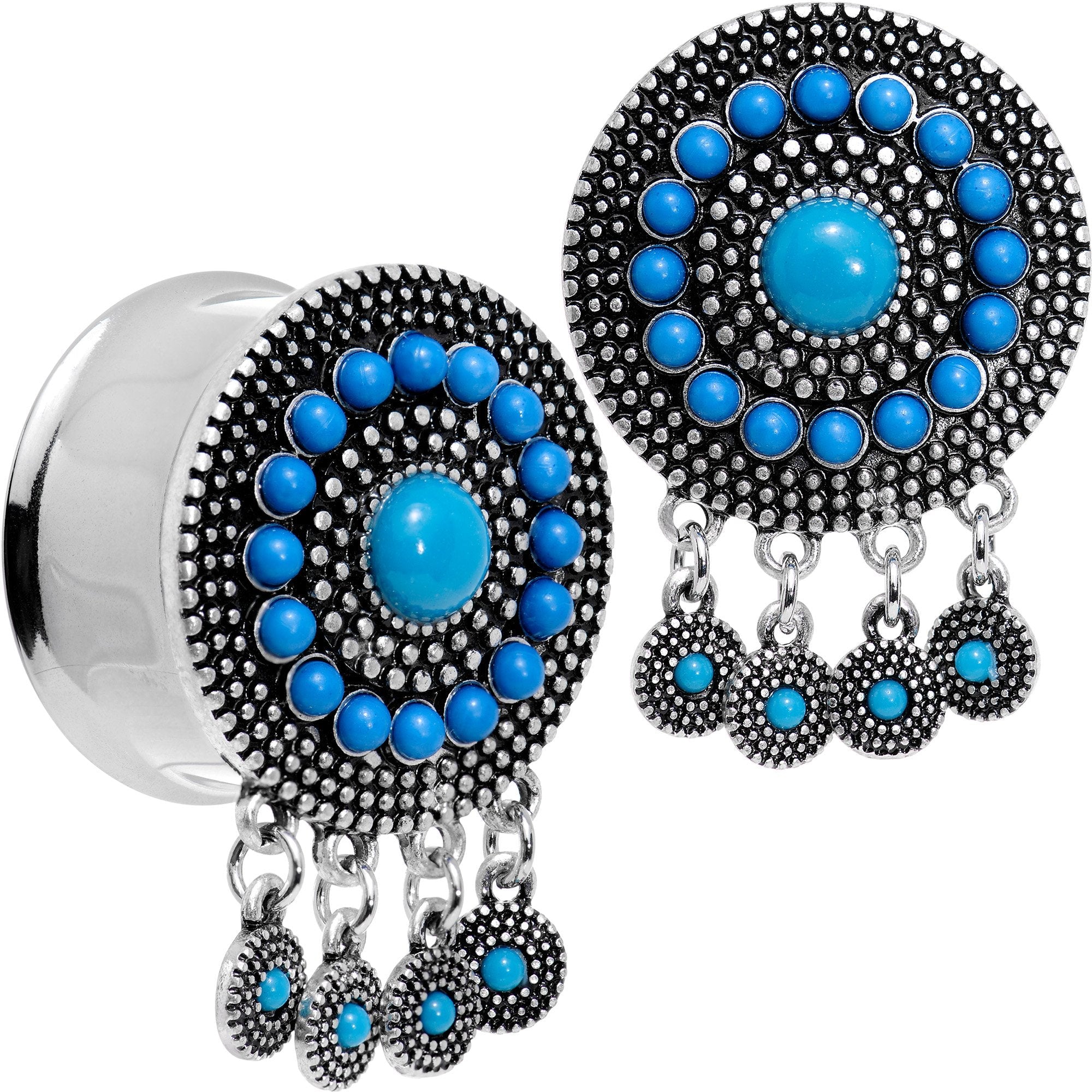 BodyCandy Southwest Blue Drum Dreamcatcher Dangle Double Flare Plug Set 6mm to 25mm — fabric or material detail