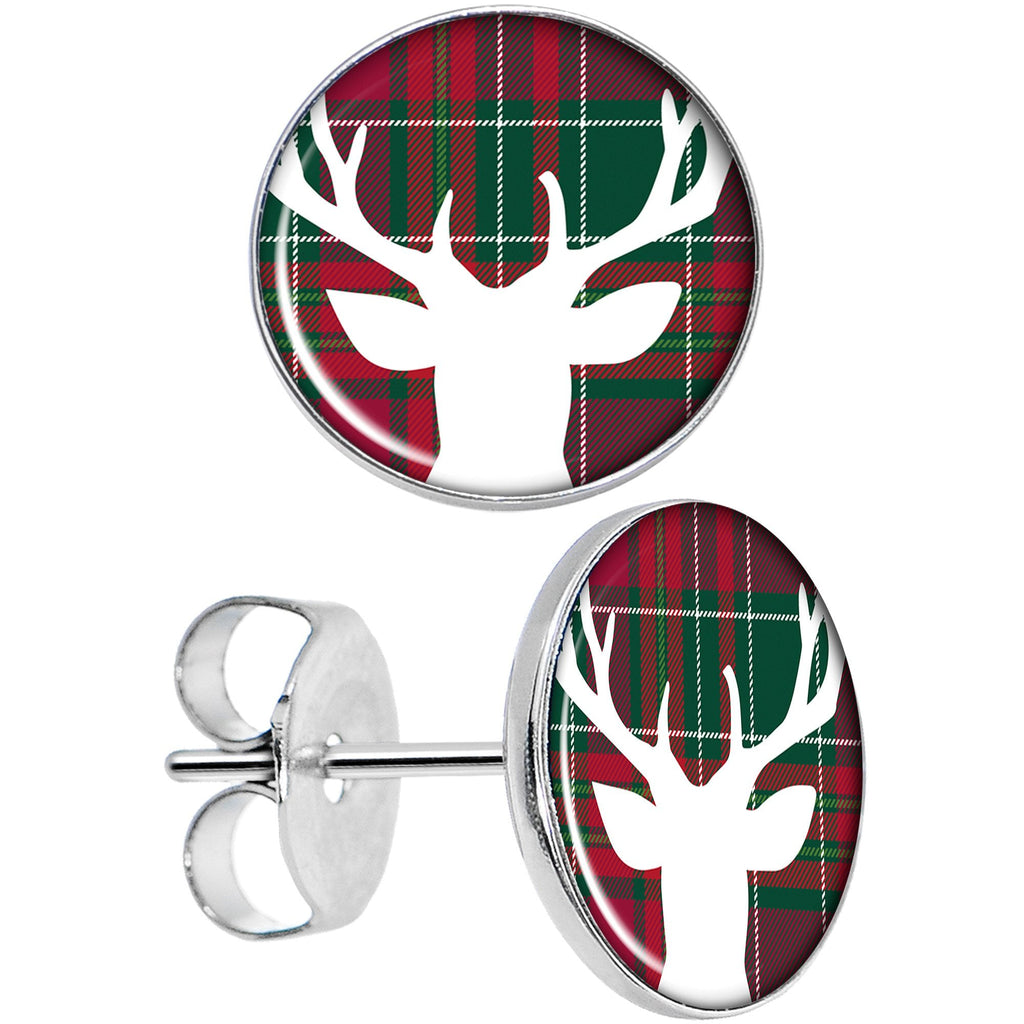 BodyCandy Red Green Plaid Reindeer Stud Earrings — main product shot