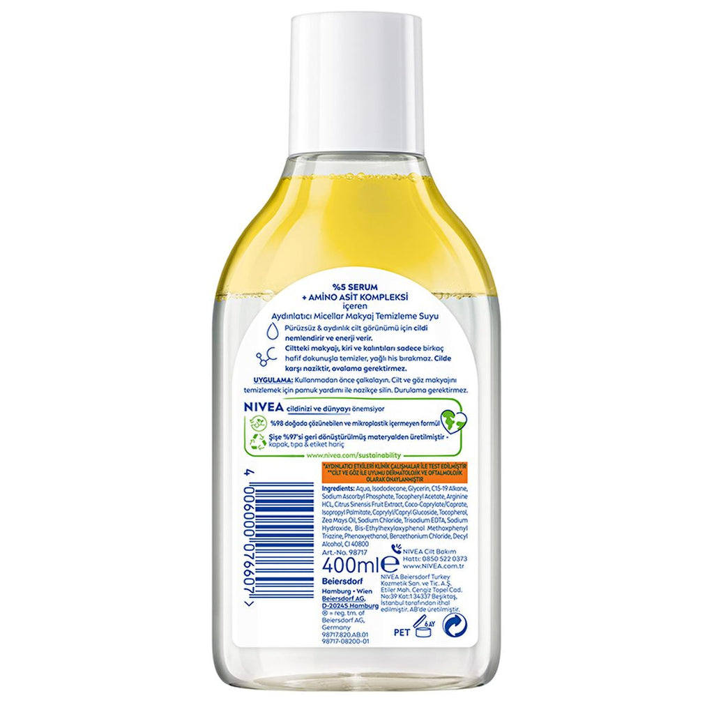 Nivea Micellar Makeup Cleansing Water with 5% Serum - Gentle, Brightening, and Hydrating Makeup Remover for Sensitive Skin