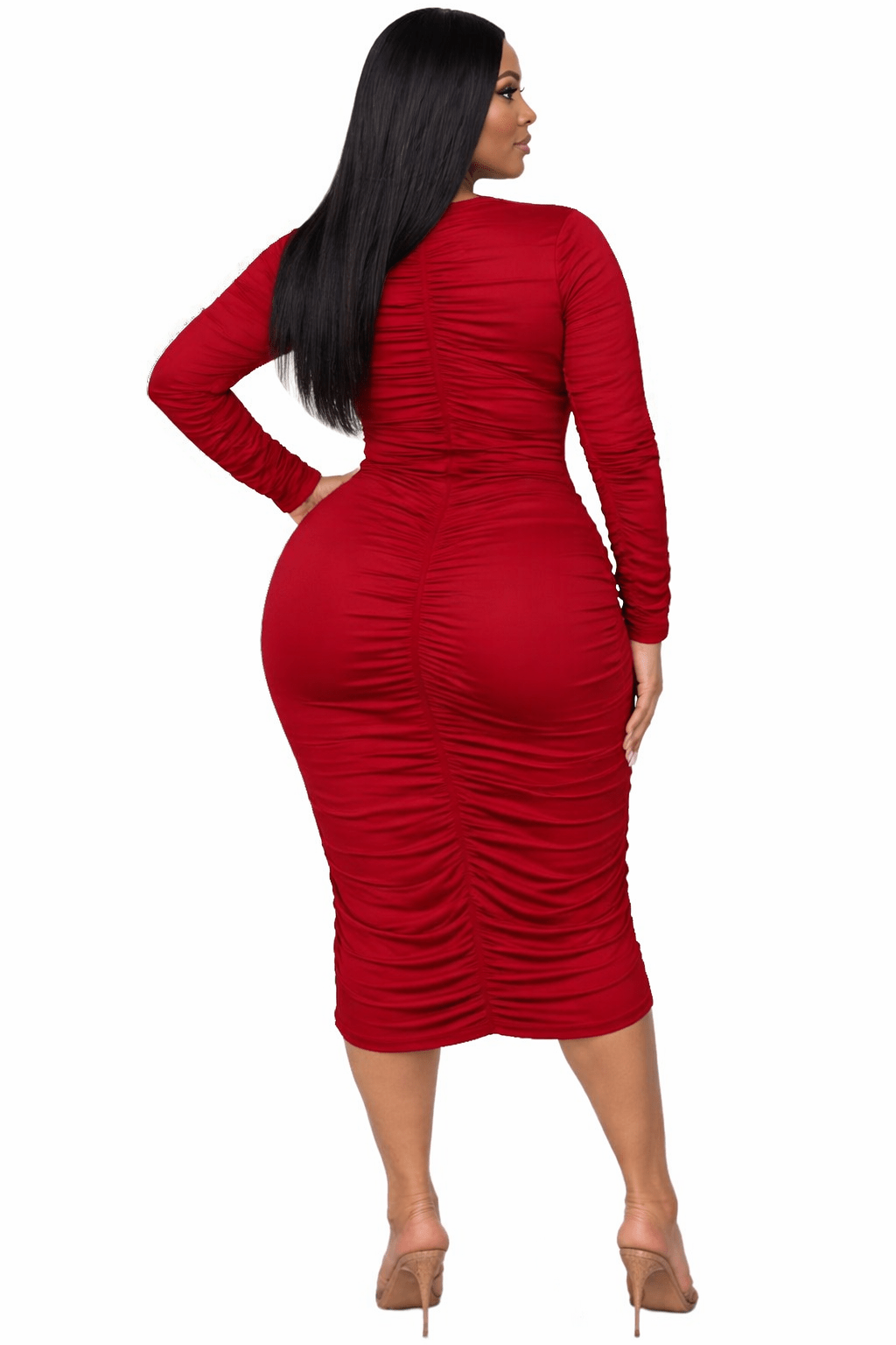 Jackie Plus Size Midi Dress - Ruched Long Sleeve Design, Flattering Fit for Every Occasion