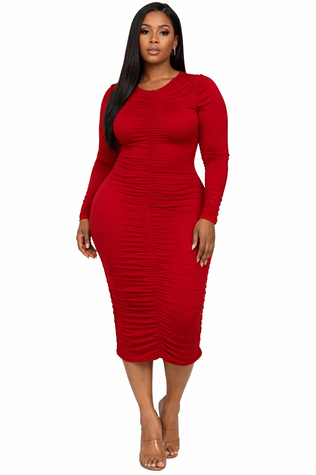 Jackie Plus Size Midi Dress - Ruched Long Sleeve Design, Flattering Fit for Every Occasion