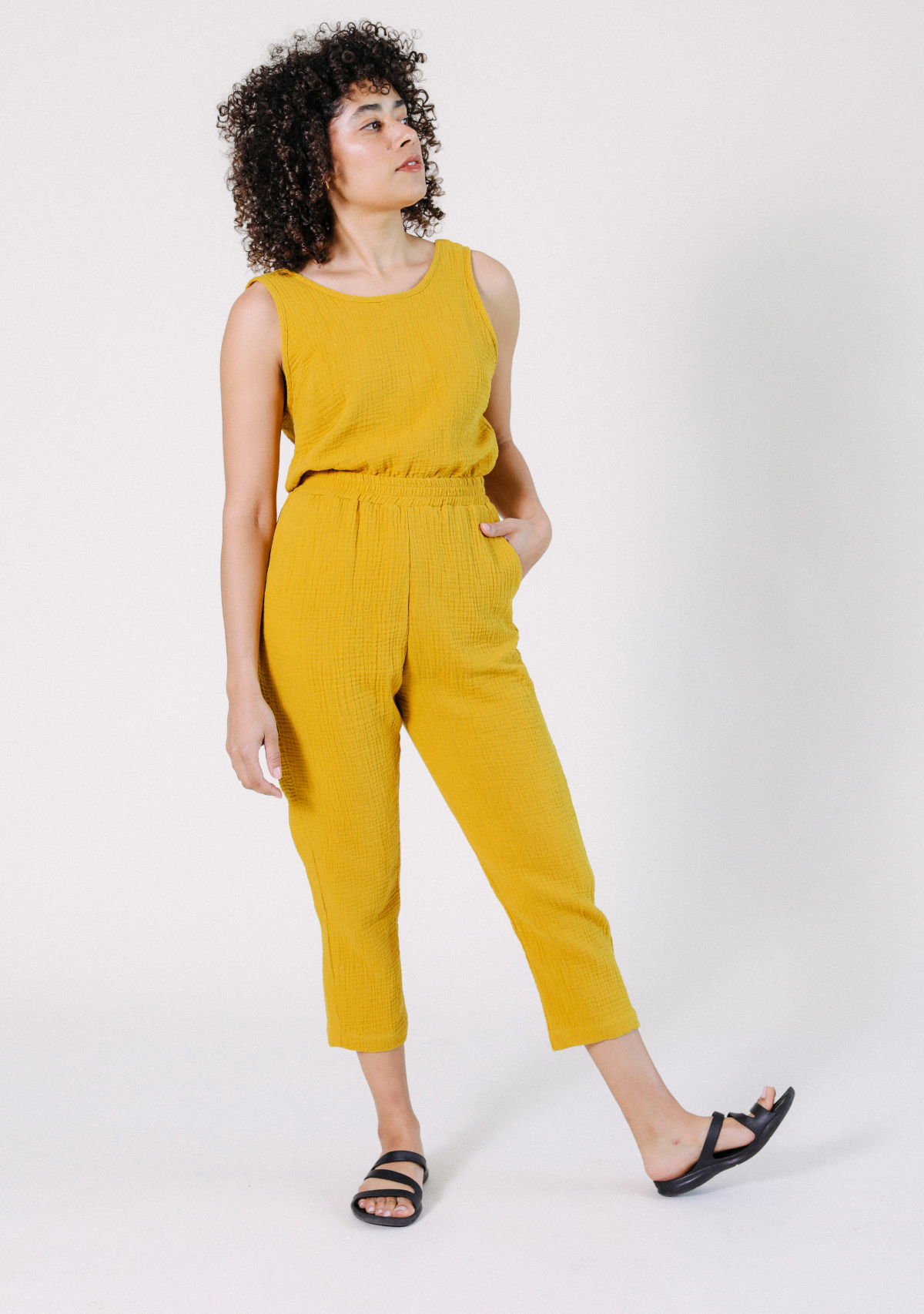 WONENA POPLINEN Jameela Organic Cotton Jumpsuit - Golden — women’s sustainable jumpsuits & rompers category context