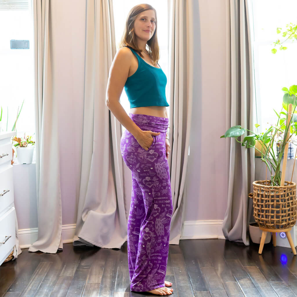 Princess Awesome & Boy Wonder "Austen-tatious" Jane Austen Tattoos Foldover Straight Leg Lounge Pants with Pockets — Princess Awesome & Boy Wonder branding close-up