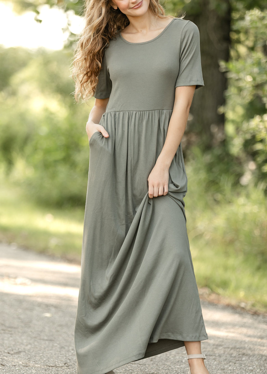 Inherit Co. Jasmine Olive Ribbed Maxi Dress — detail close-up