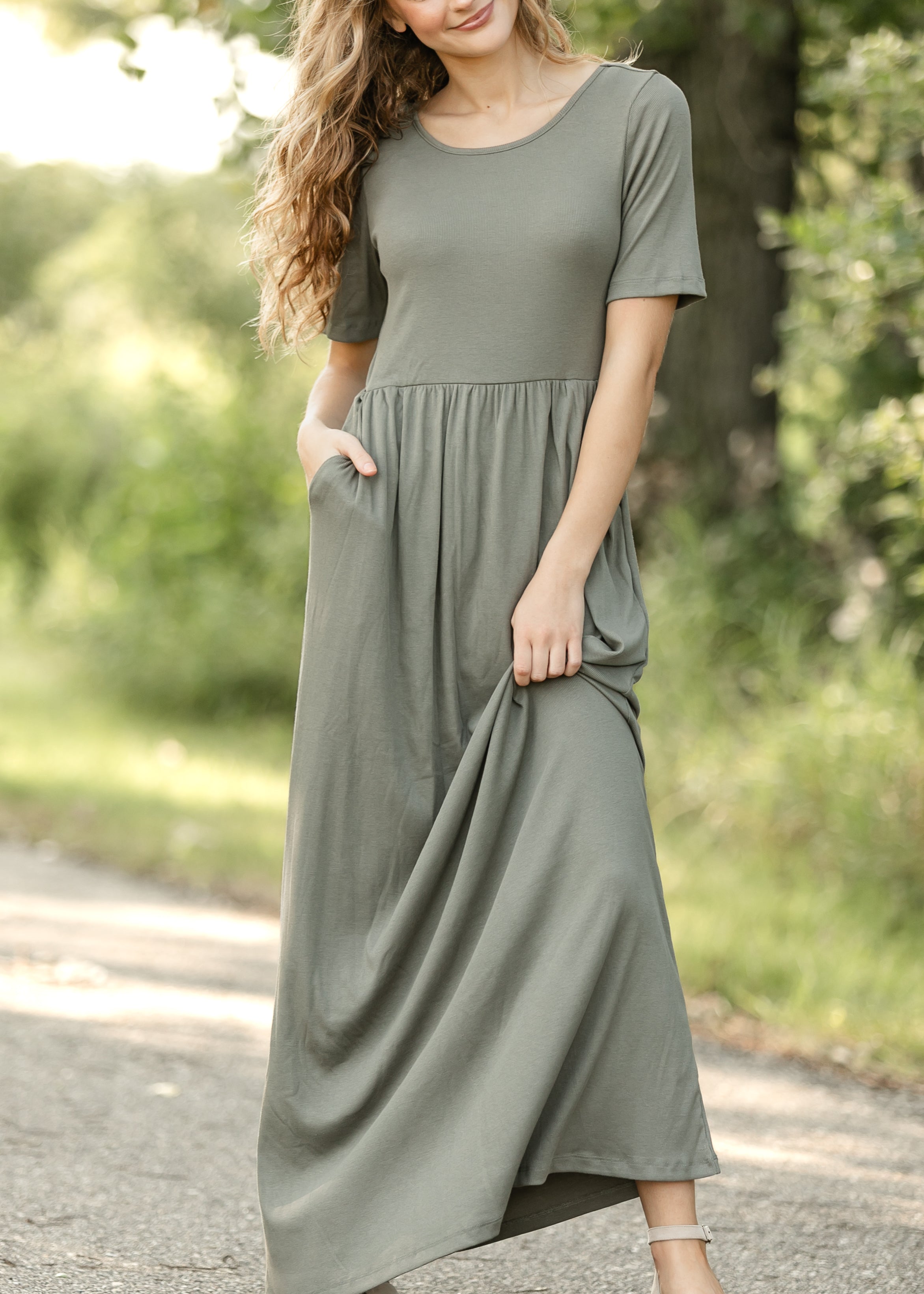 Inherit Co. Jasmine Olive Ribbed Maxi Dress — detail close-up