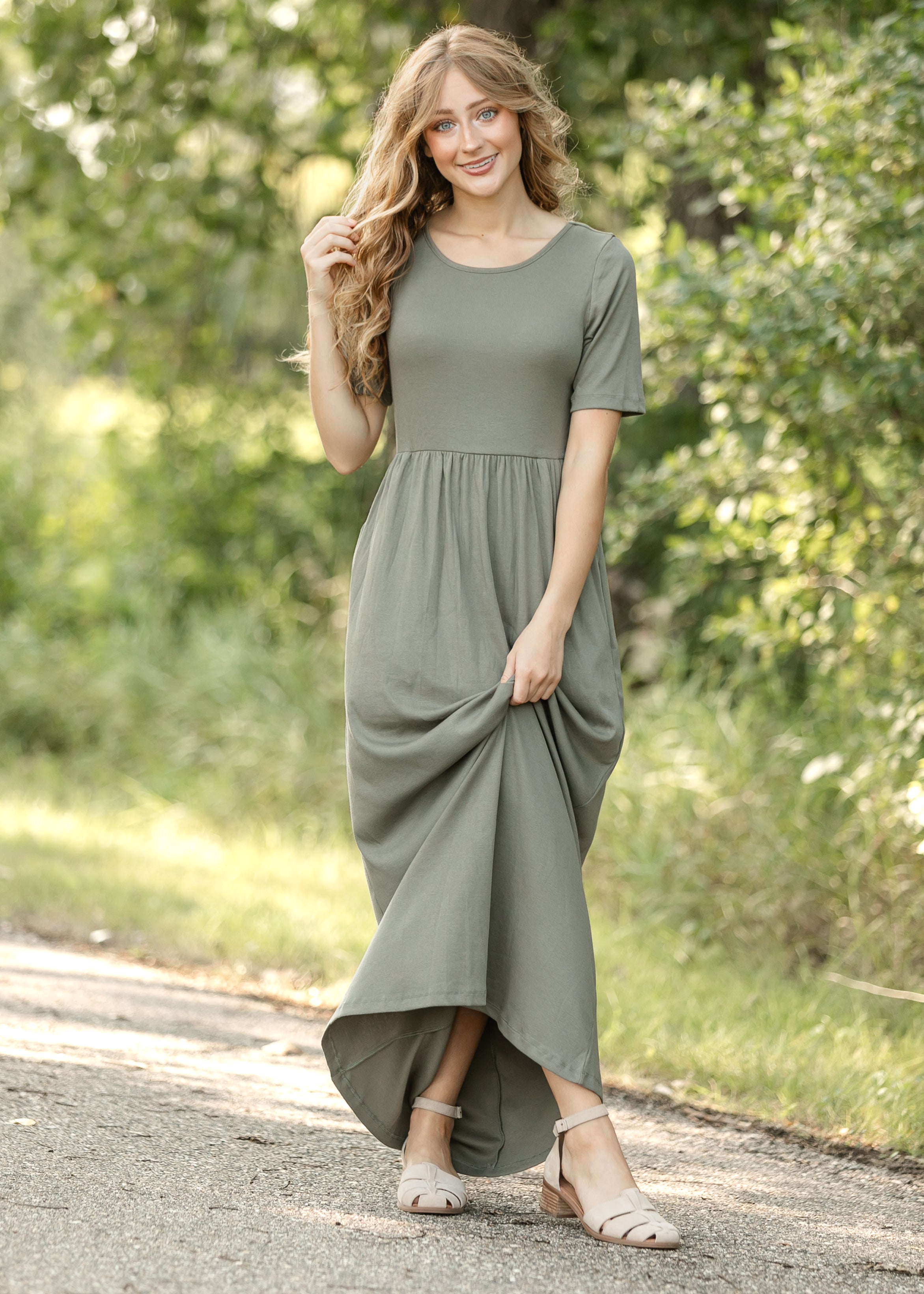 Inherit Co. Jasmine Olive Ribbed Maxi Dress — in-use photo