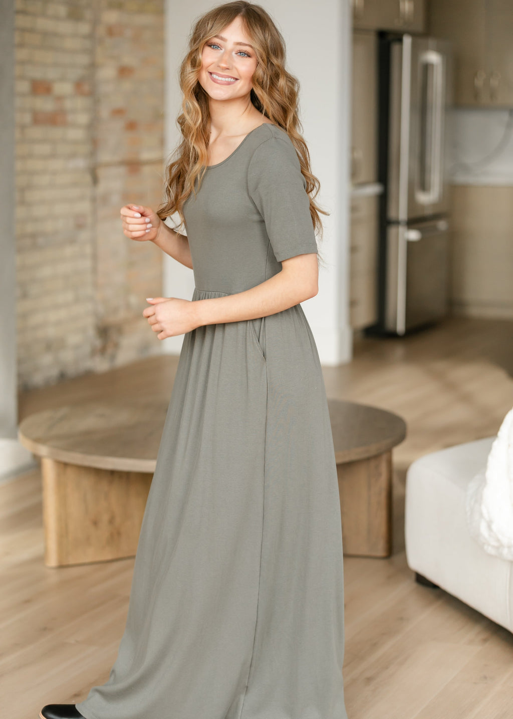 Inherit Co. Jasmine Olive Ribbed Maxi Dress — side view