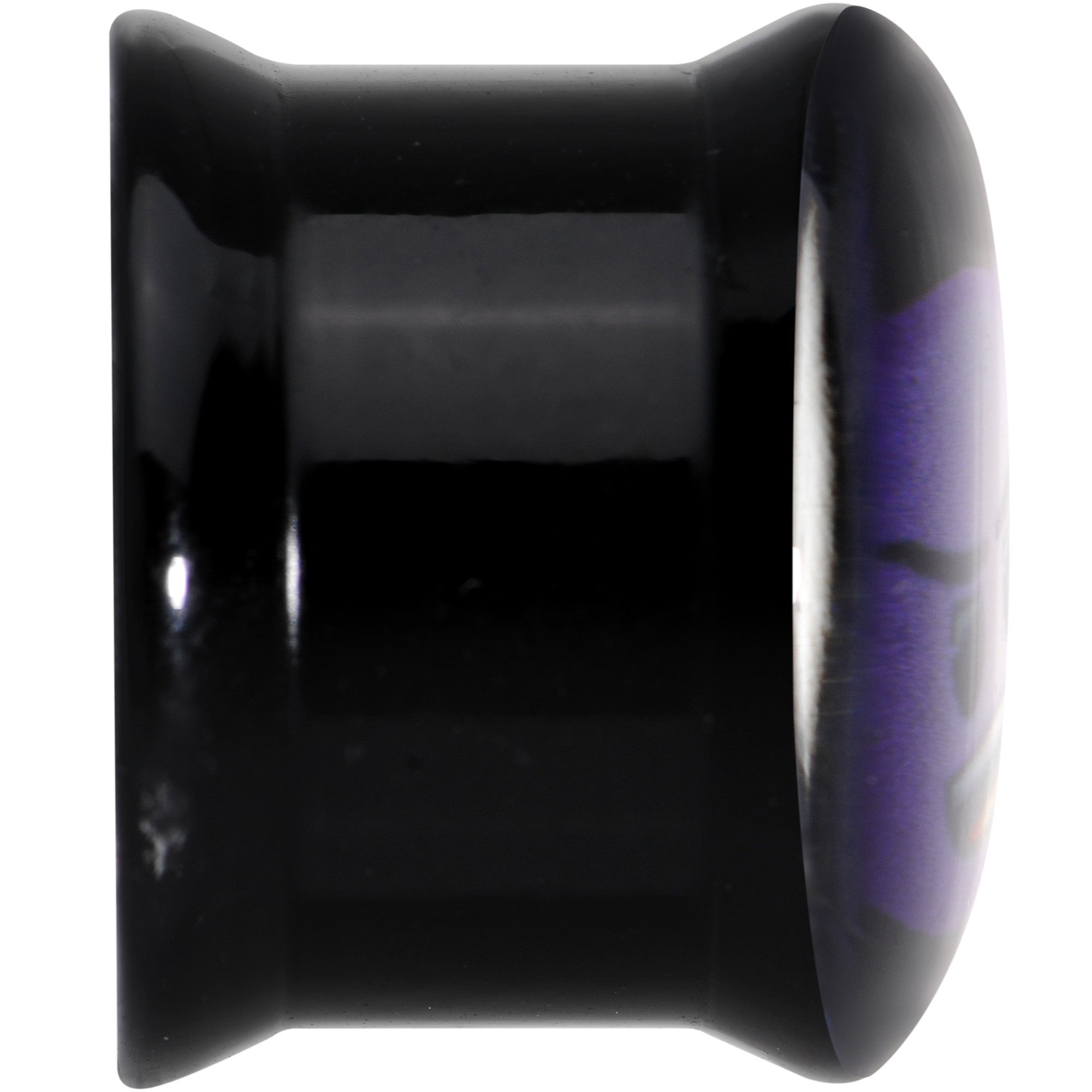 BodyCandy 9/16 Licensed Purple Devil emoji Acrylic Double Flare Plug Set — BodyCandy branding close-up