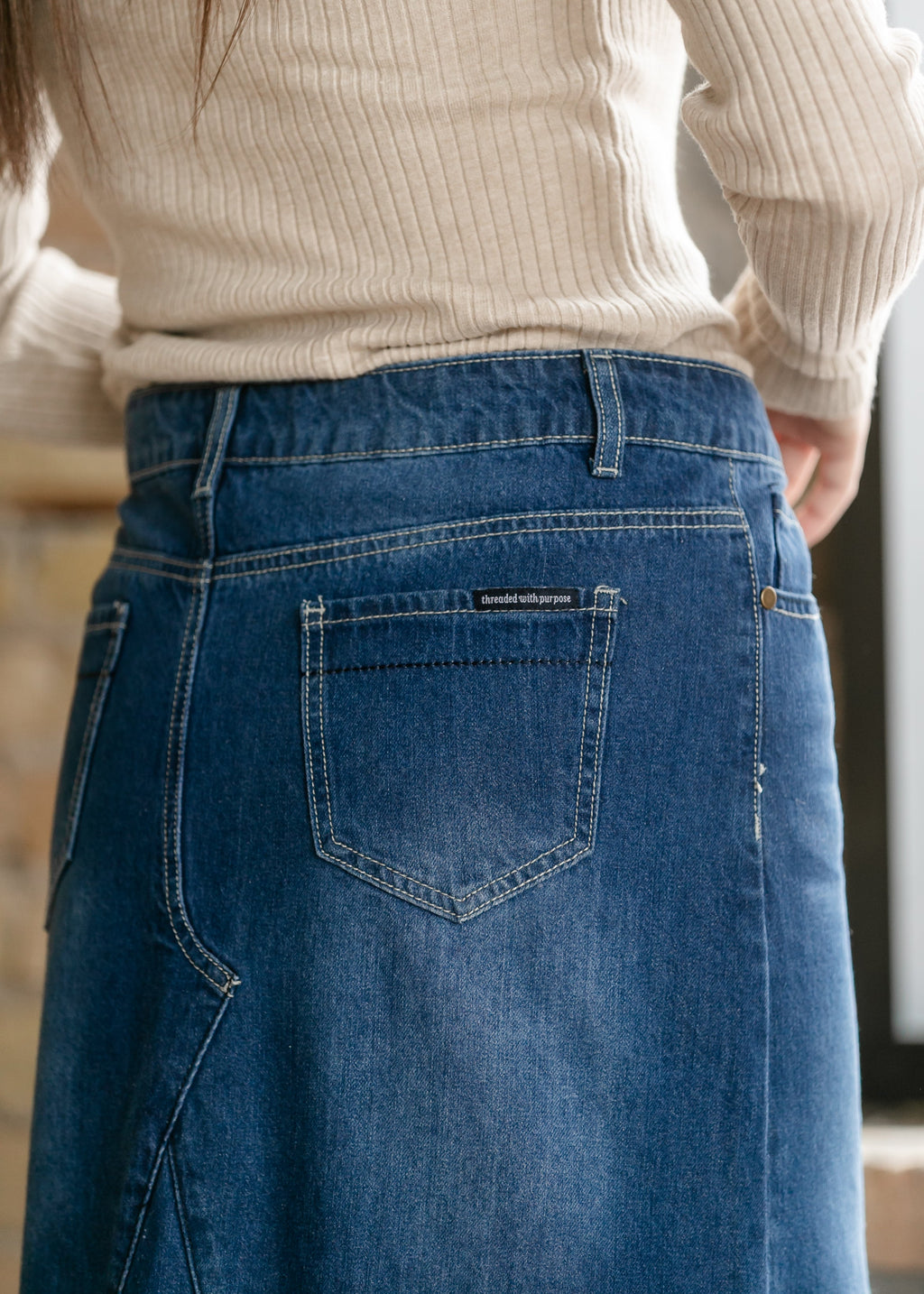 Inherit Co. Jennifer A-Line Long Denim Skirt — detail close-up