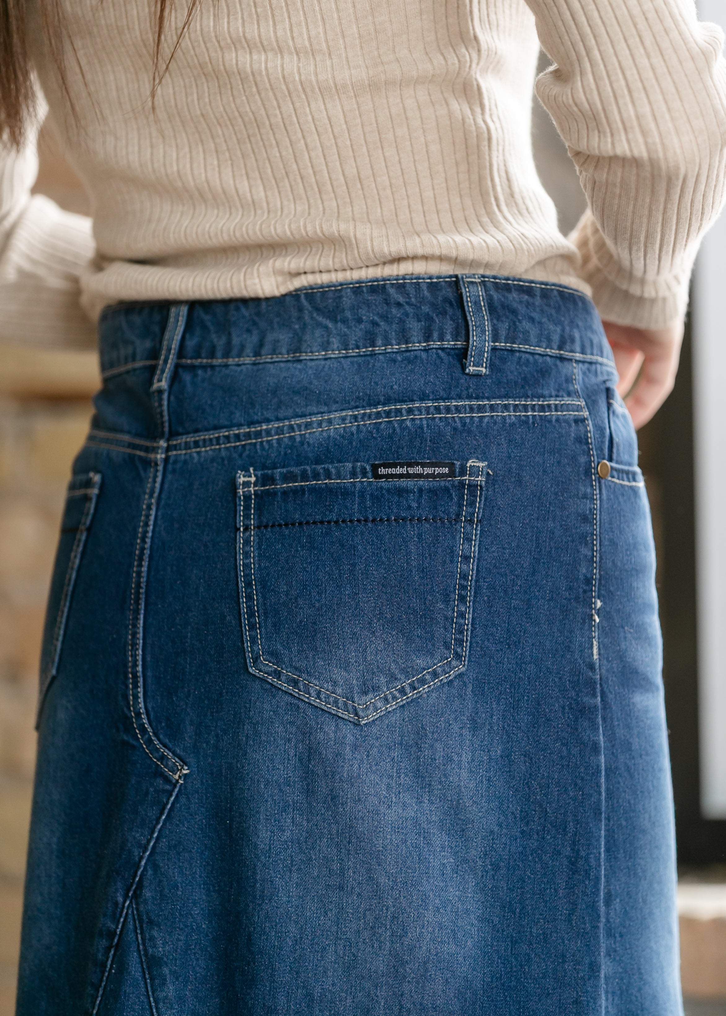 Inherit Co. Jennifer A-Line Long Denim Skirt — detail close-up