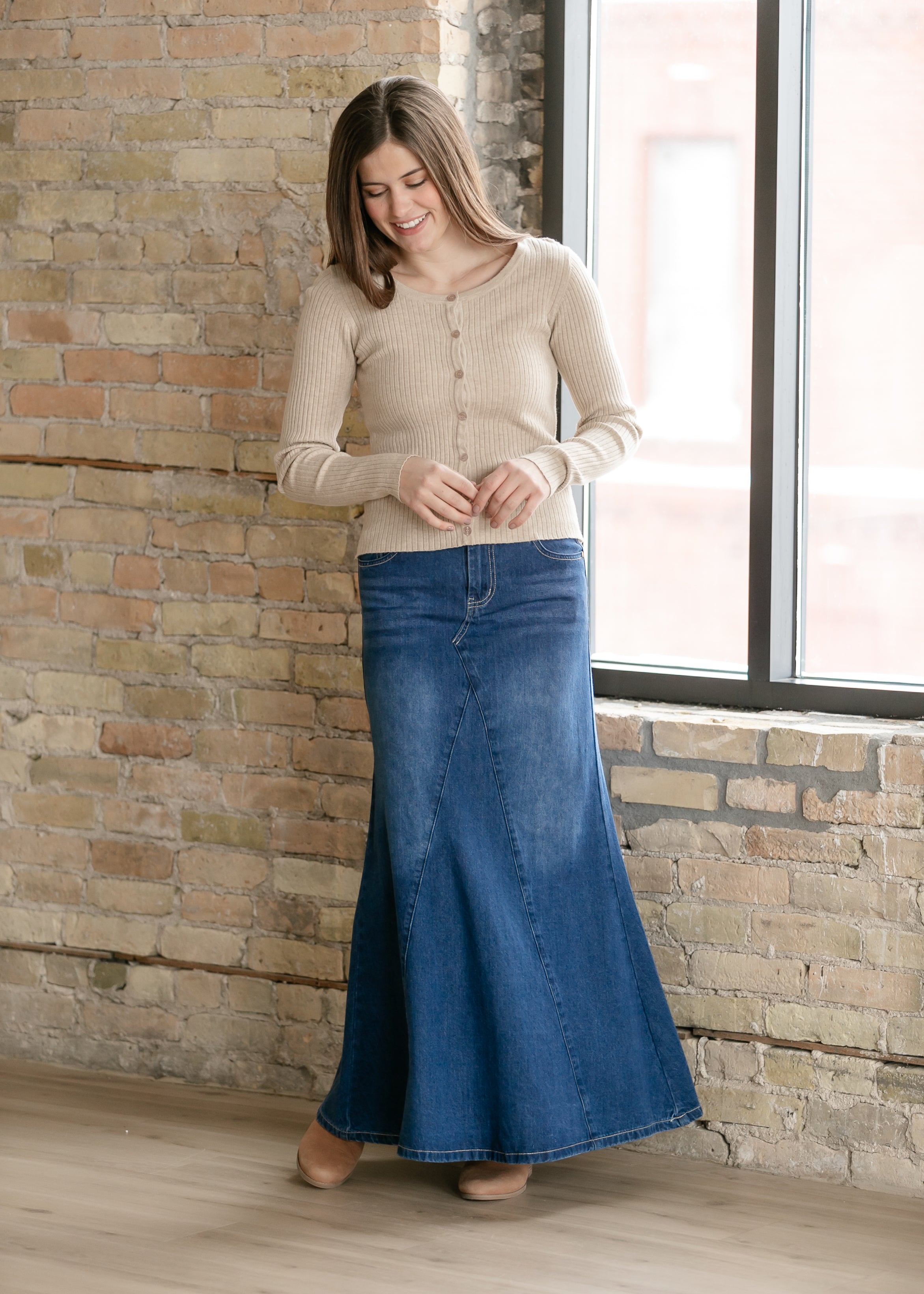 Inherit Co. Jennifer A-Line Long Denim Skirt — in-use photo