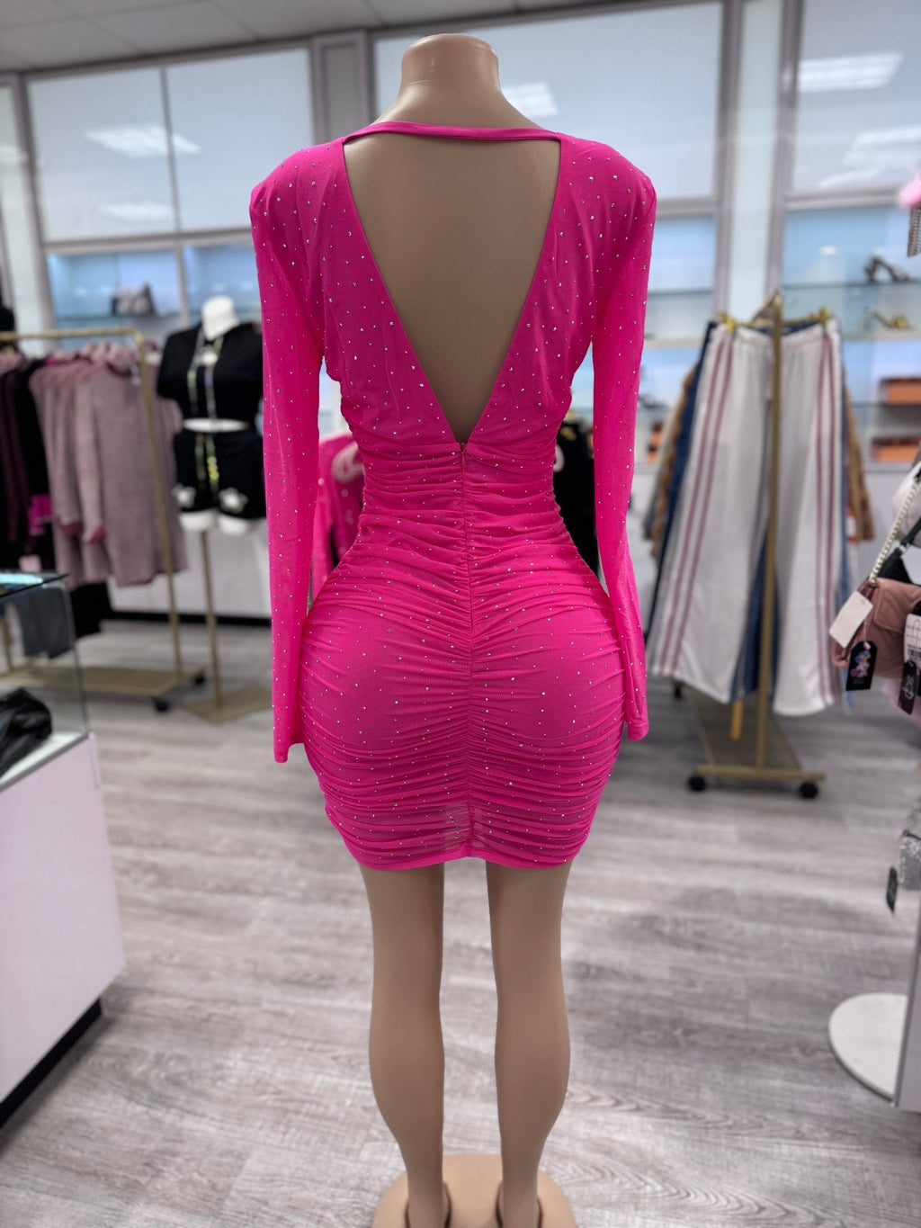 Jenny Embellished Hot Pink Rhinestone Detail V Neck Stretch Long Sleeve Dress