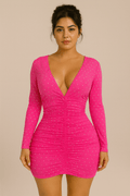 Jenny Embellished Hot Pink Rhinestone Detail V Neck Stretch Long Sleeve Dress