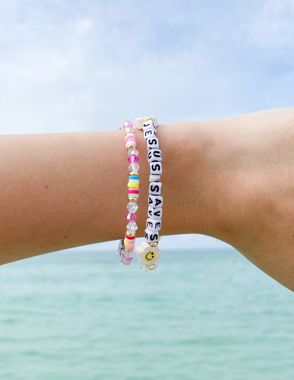 Elevated Faith Jesus Saves Letter Bracelet — detail close-up