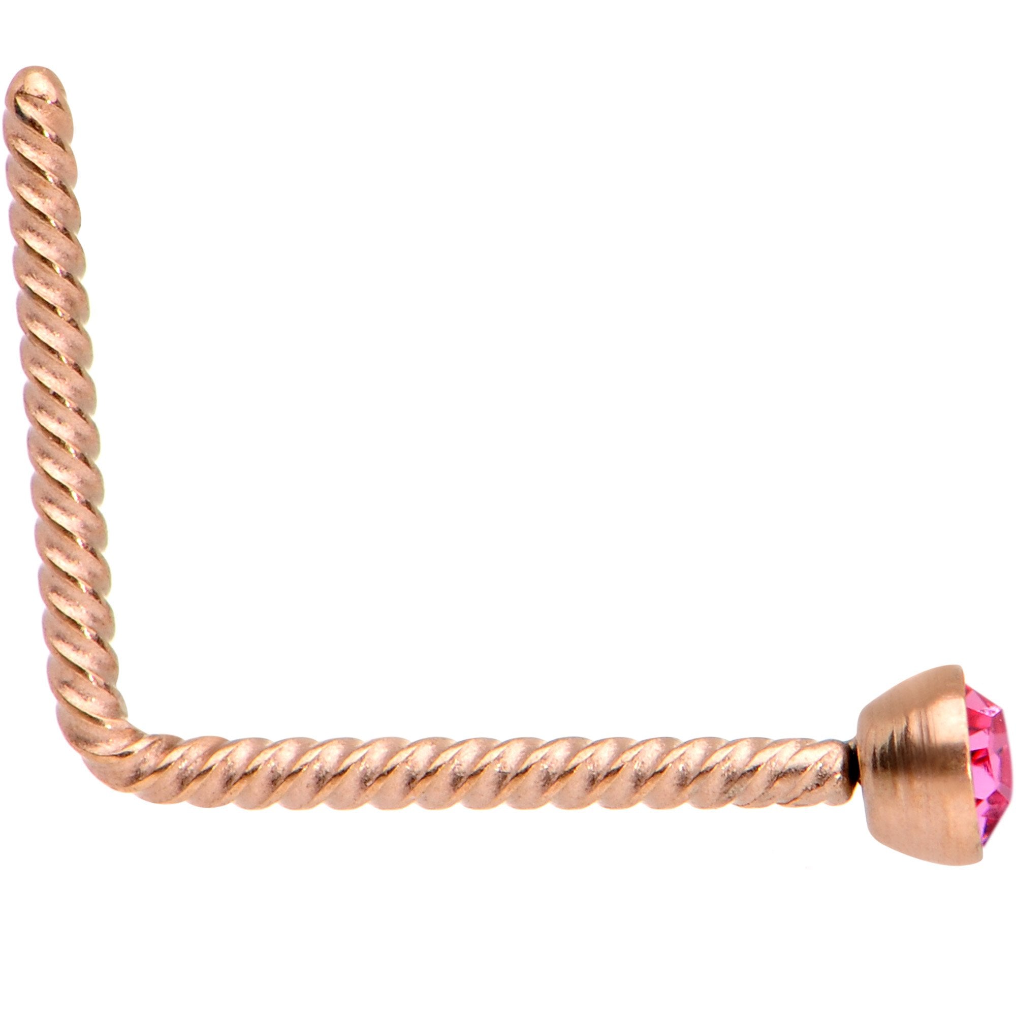 BodyCandy Pink 2mm Gem Inlay Rose Gold IP So Twisted L Shaped Nose Ring — detail and construction
