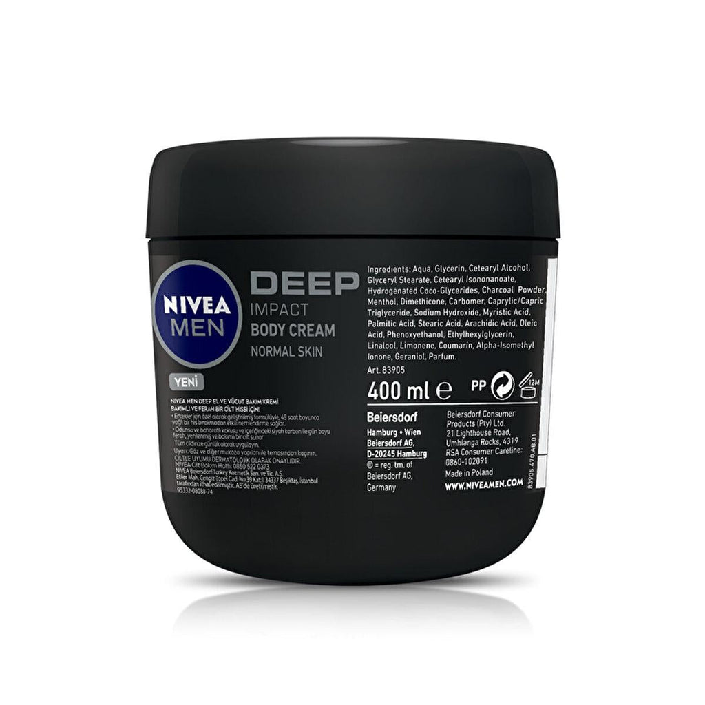 Nivea Men Moisturizing Hand and Body Cream Deep Impact - 48 Hour Moisturization, Non-Greasy, Woody Fragrance