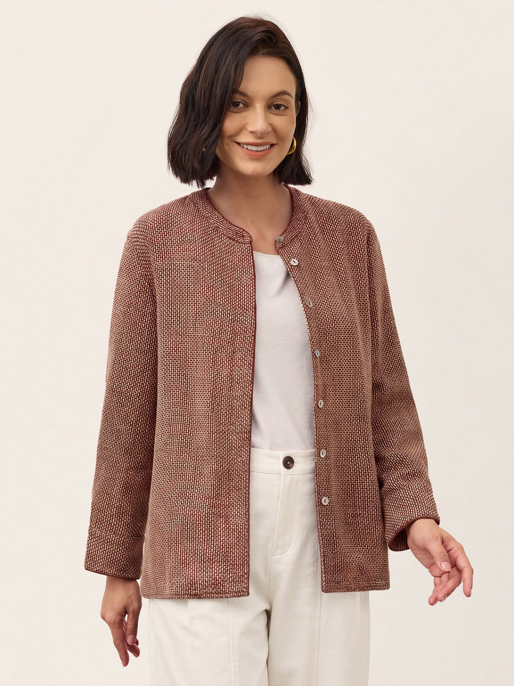 Linen Yarn Dyed Check Piped Long Sleeve Shirt AMARANTA