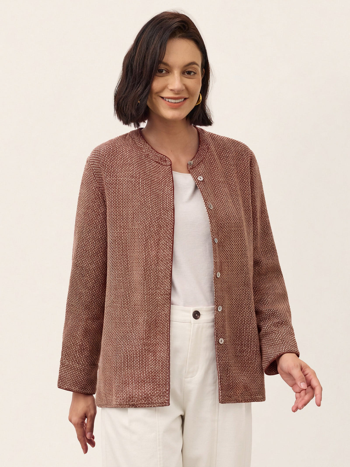 Linen Yarn Dyed Check Piped Long Sleeve Shirt AMARANTA