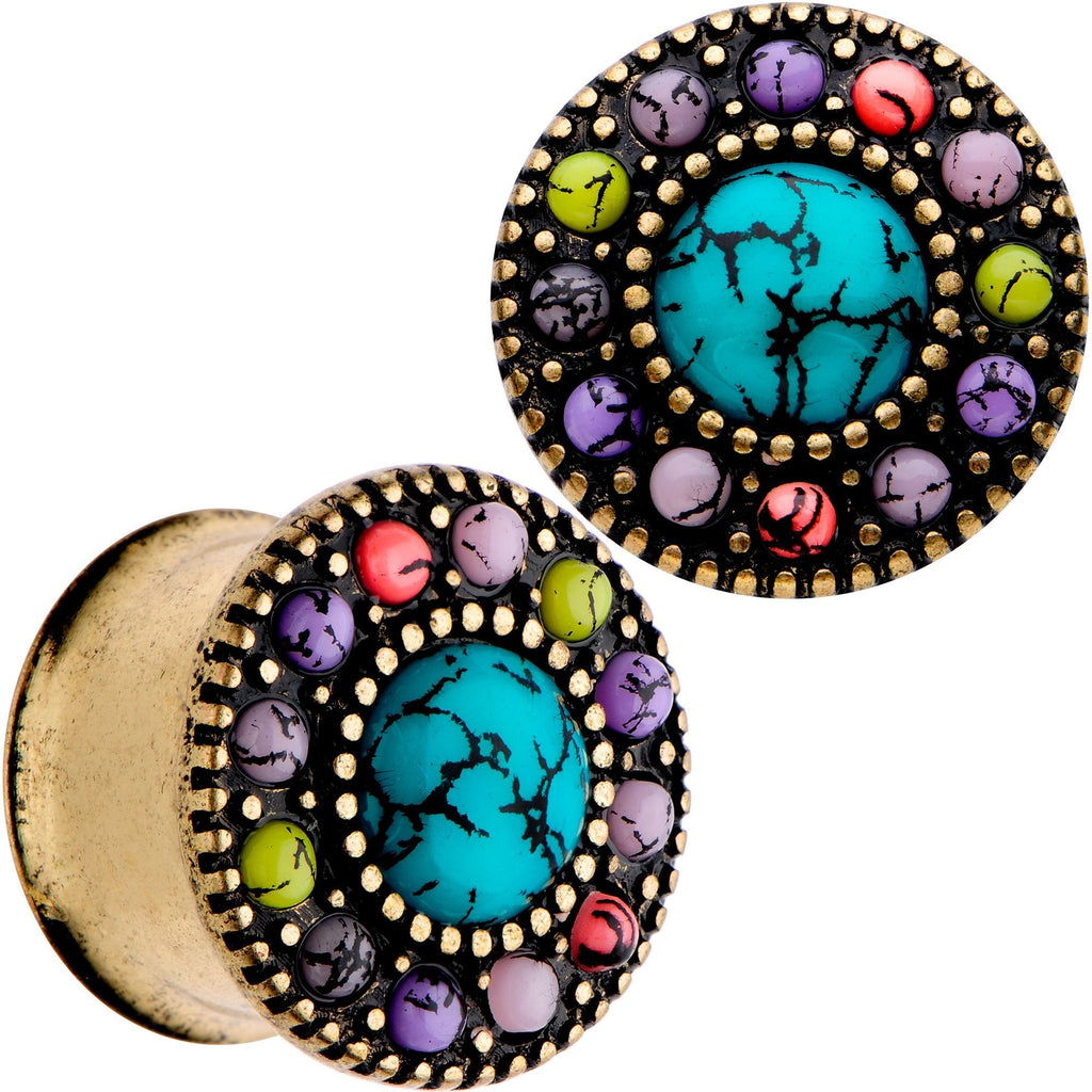 BodyCandy Gold Plated Southwestern Stone Age Double Flare Plug Set 2G to 22mm — alternative angle