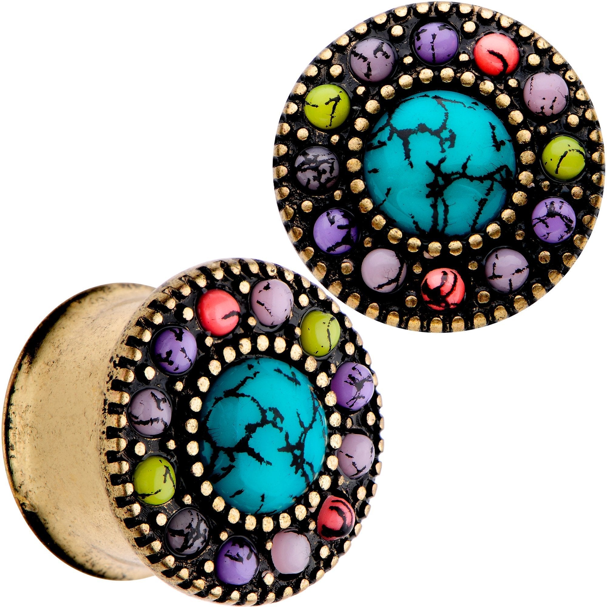 BodyCandy Gold Plated Southwestern Stone Age Double Flare Plug Set 2G to 22mm — alternative angle