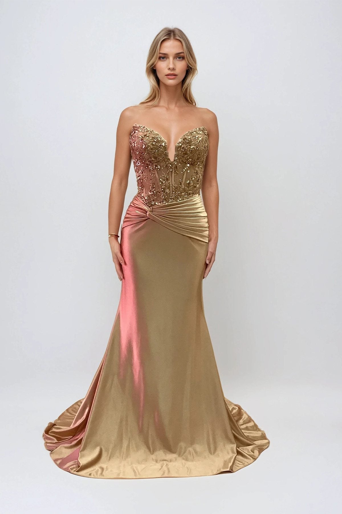 Juliet JT2534K Strapless Sweetheart Boned Corset Satin Prom Gown