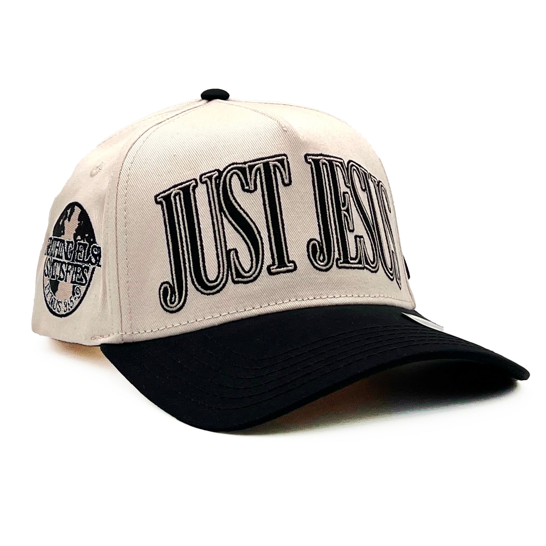 ‘JUST JESUS’ Premium SnapBack - Cream/Black — Malta Apparel Christian streetwear