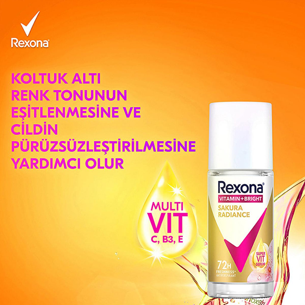 Rexona Vitamin + Bright Roll-On Deodorant for Women - 72 Hour Protection, Sustainable Glass Packaging