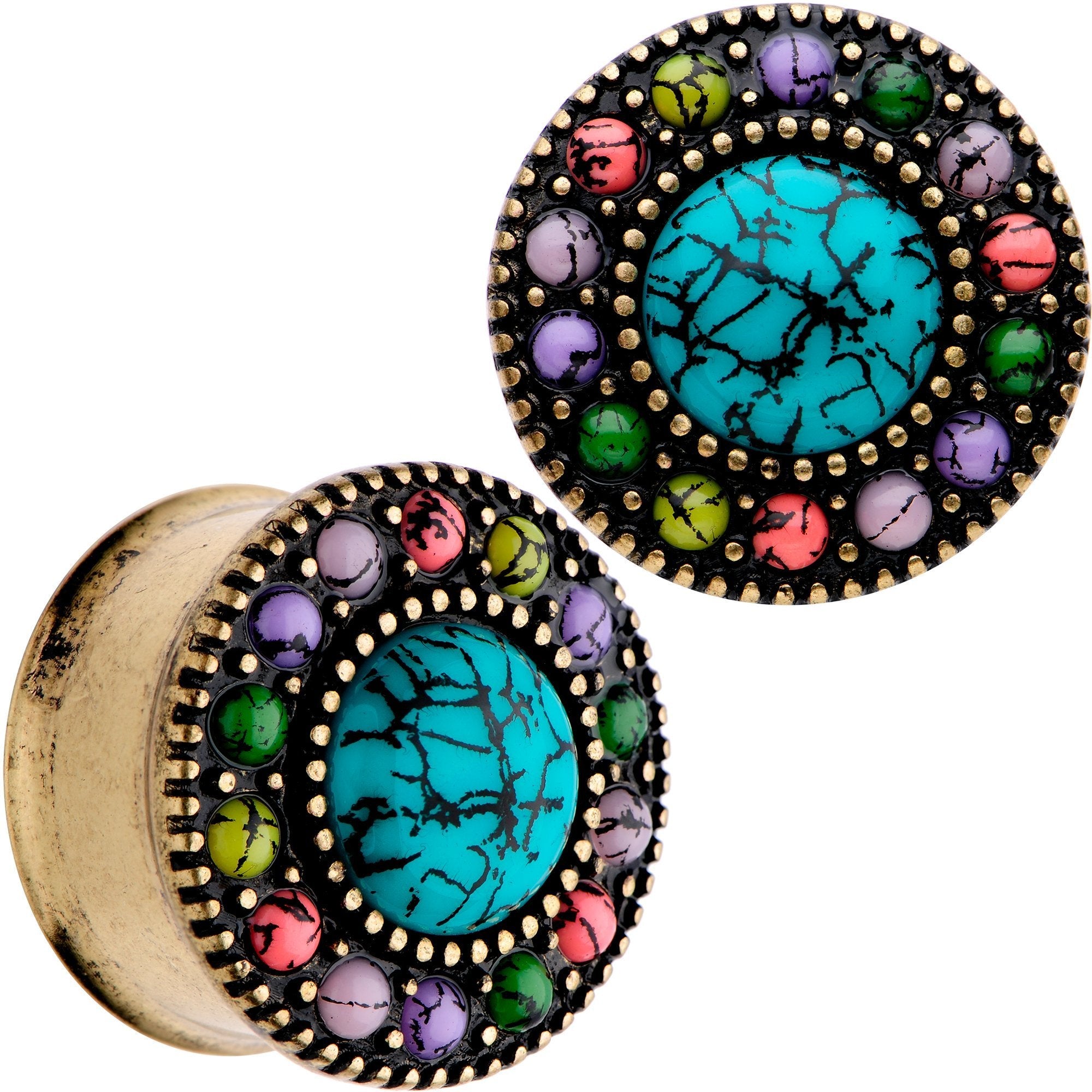 BodyCandy Gold Plated Southwestern Stone Age Double Flare Plug Set 2G to 22mm — color detail