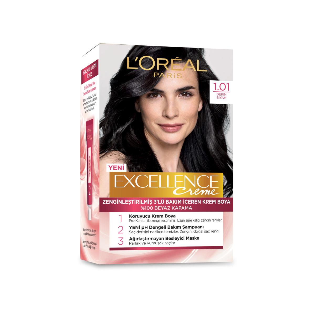 L'Oreal Paris Excellence Creme 1.01 Deep Black Hair Dye: 100% Gray Coverage, Long-Lasting Color & Keratin Protection
