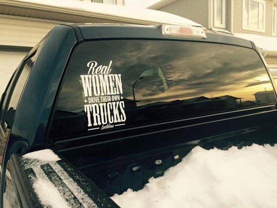 Luckless Outfitters Real Women Drive Their Own Trucks White Decal — detail close-up