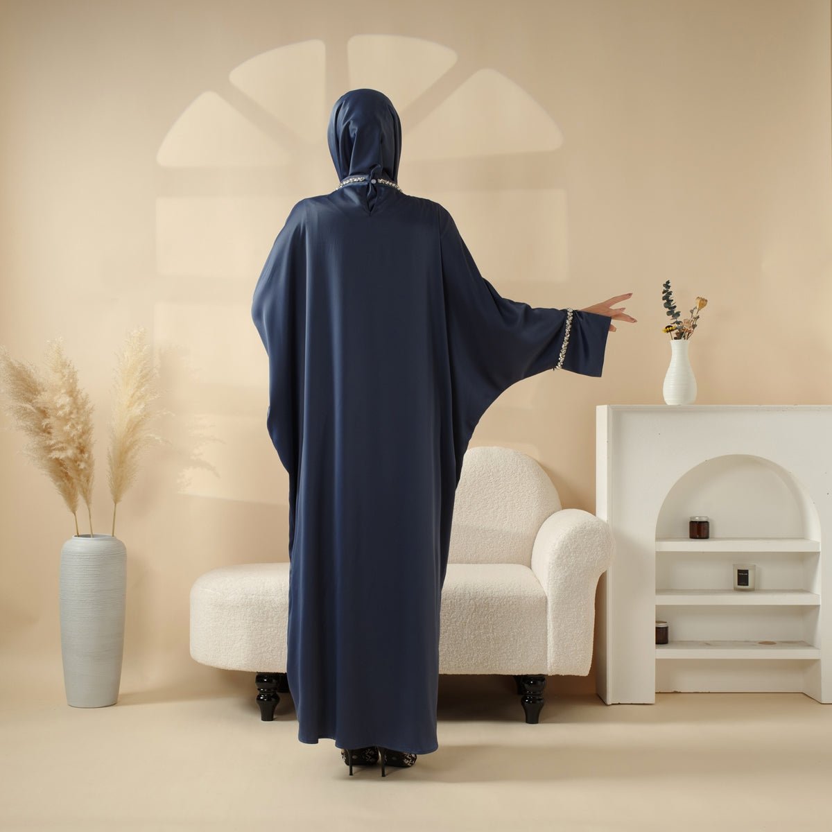 Mariam's Collection Kaftan Batwing Sleeve Luxury Satin Diamond Abaya 2-Piece Set (MA121) — product on model