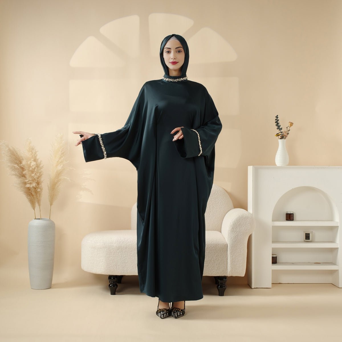 Mariam's Collection Kaftan Batwing Sleeve Luxury Satin Diamond Abaya 2-Piece Set (MA121) — lifestyle worn / used context