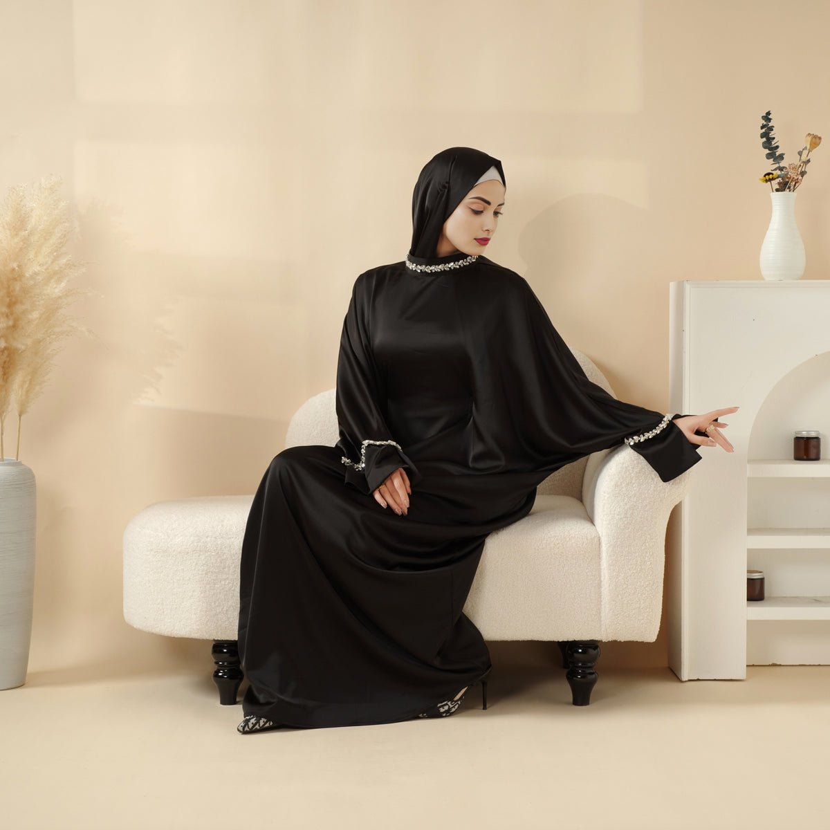 Mariam's Collection Kaftan Batwing Sleeve Luxury Satin Diamond Abaya 2-Piece Set (MA121) — detail shot 7