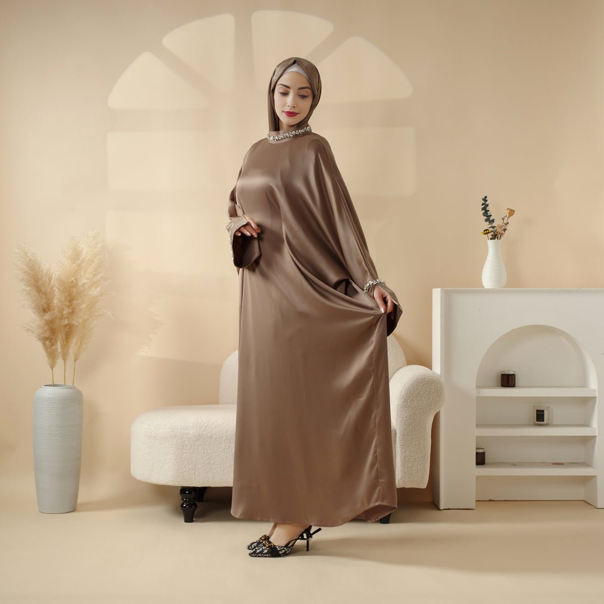 Mariam's Collection Kaftan Batwing Sleeve Luxury Satin Diamond Abaya 2-Piece Set (MA121) — detail shot 8