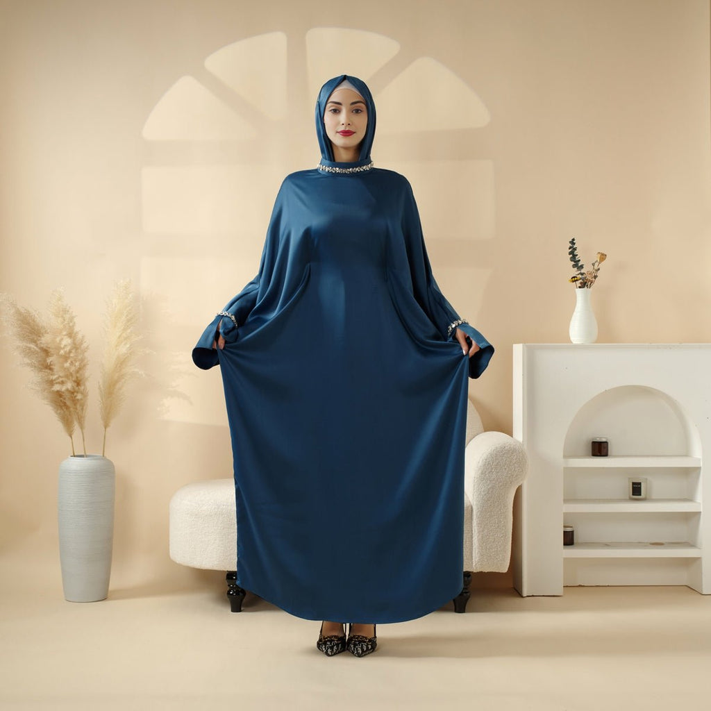 Mariam's Collection Kaftan Batwing Sleeve Luxury Satin Diamond Abaya 2-Piece Set (MA121) — Mariam's Collection branding close-up