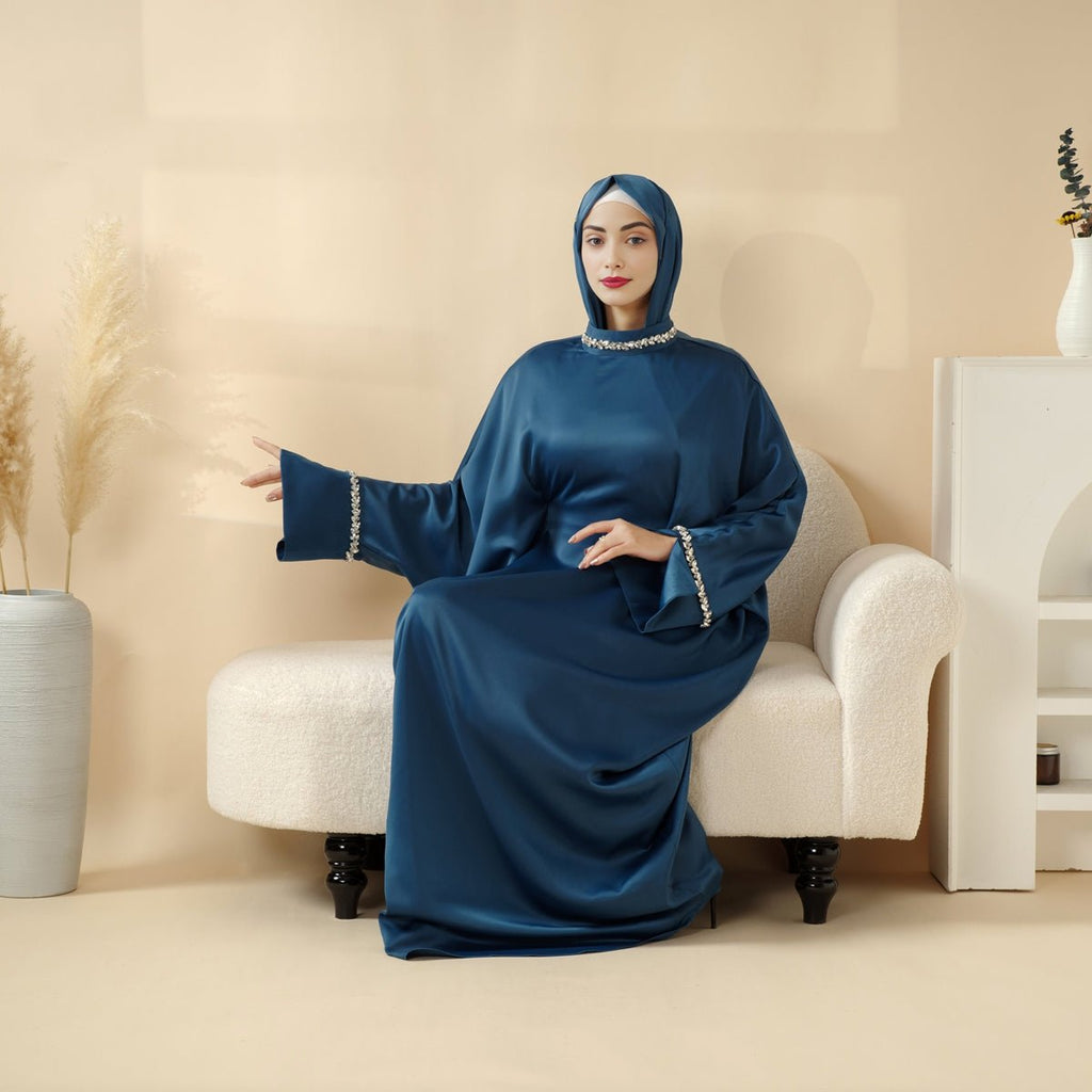 Mariam's Collection Kaftan Batwing Sleeve Luxury Satin Diamond Abaya 2-Piece Set (MA121) — fabric or material detail