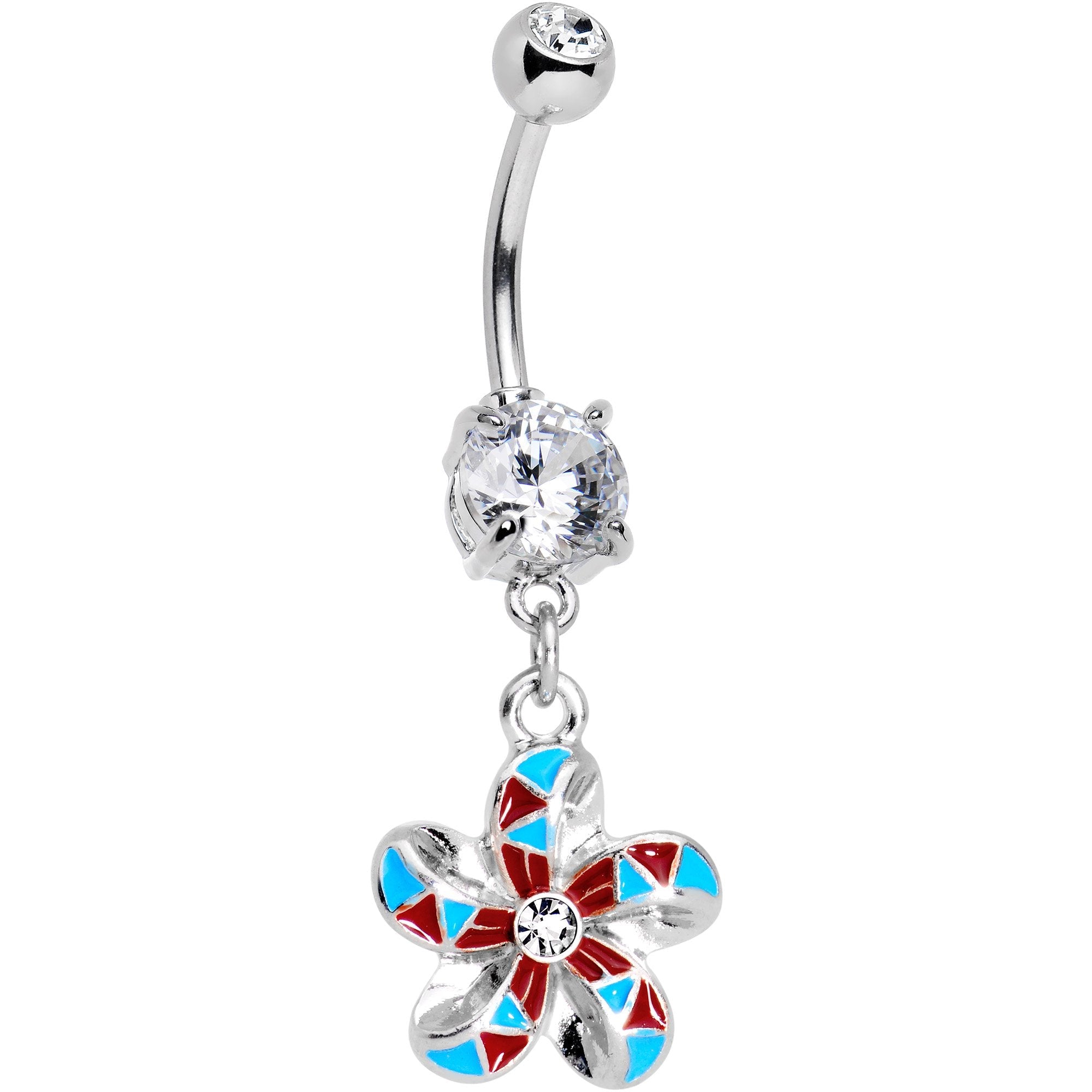 BodyCandy Clear Gem Blue Red Swirl Pinwheel Dangle Belly Ring — main product shot