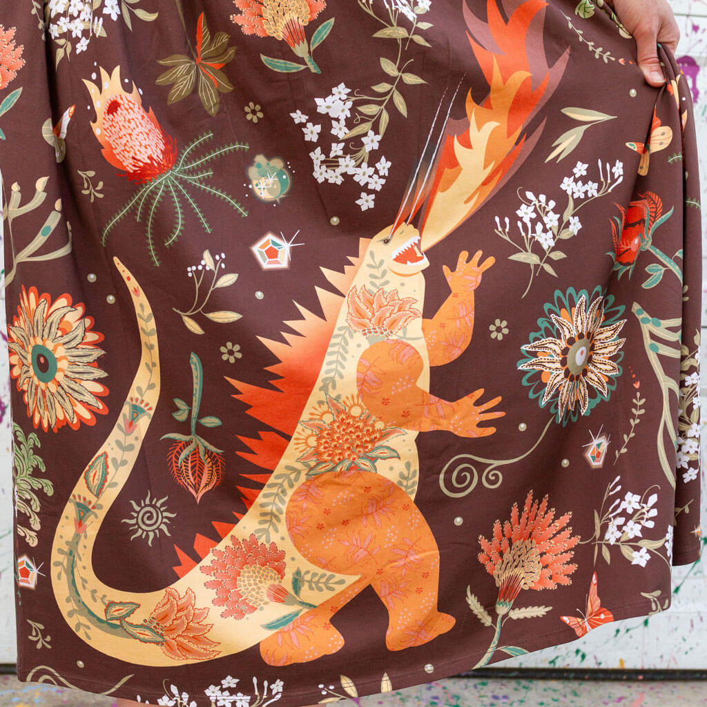 Princess Awesome & Boy Wonder Adult "Beast Mode" Kaiju Monsters Cap Sleeve Maxi Dress With Pockets — lifestyle context
