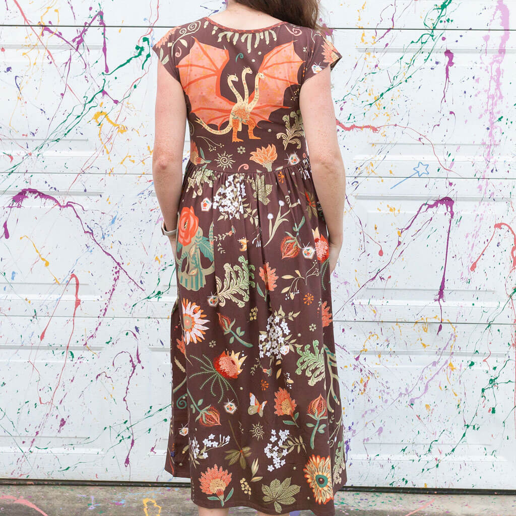 Princess Awesome & Boy Wonder Adult "Beast Mode" Kaiju Monsters Cap Sleeve Maxi Dress With Pockets — back view