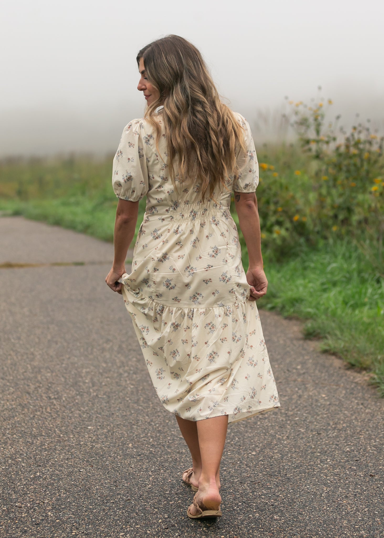 Inherit Co. Katrina Half Sleeve Floral Midi Dress — flat-lay composition