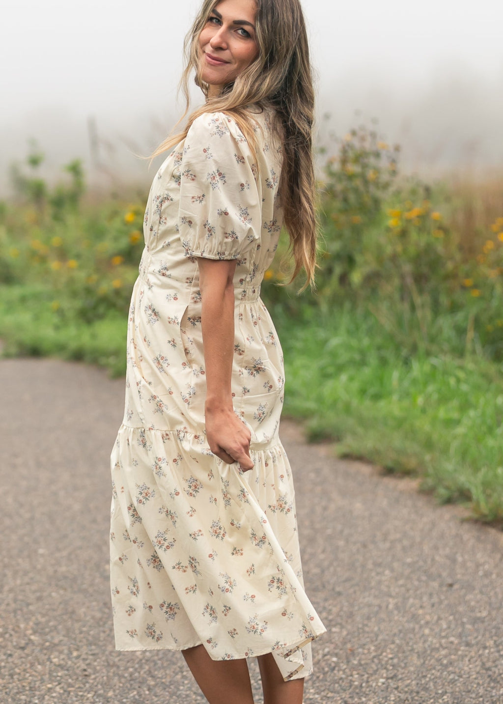 Inherit Co. Katrina Half Sleeve Floral Midi Dress — fabric or material detail