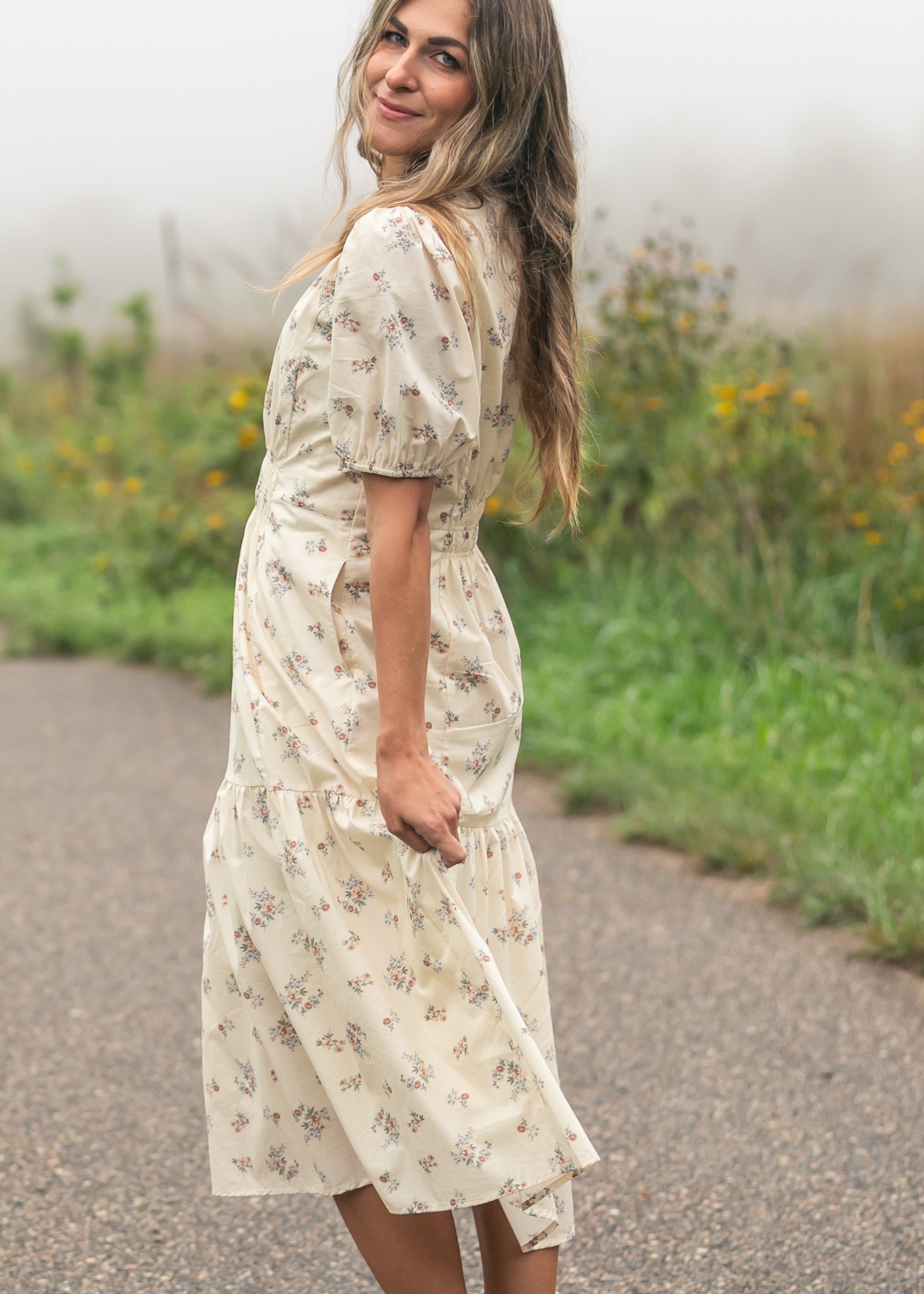 Inherit Co. Katrina Half Sleeve Floral Midi Dress — fabric or material detail