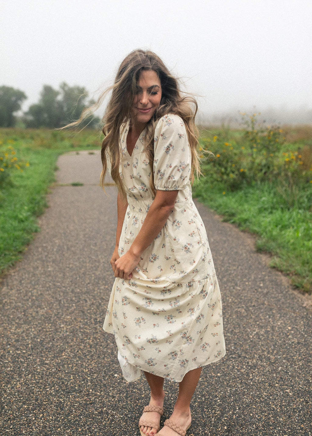 Inherit Co. Katrina Half Sleeve Floral Midi Dress — in-use photo
