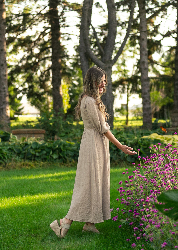 Inherit Co. Kayleen Tan Smocked Bodice Gauze Dress — in-use photo