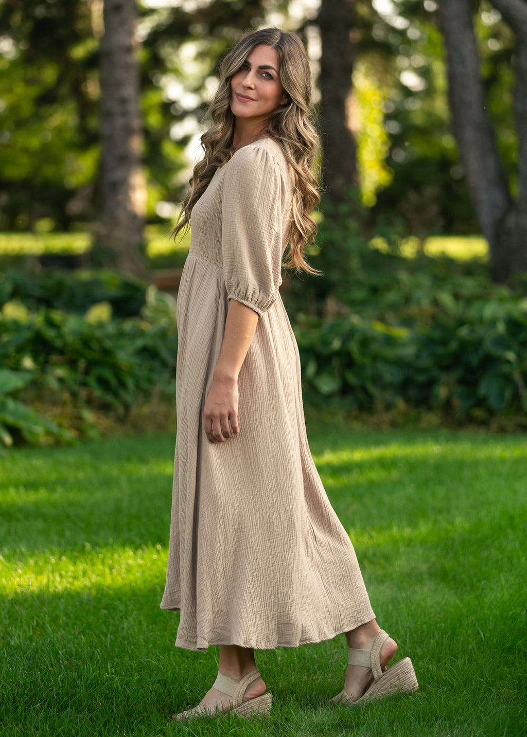 Inherit Co. Kayleen Tan Smocked Bodice Gauze Dress — lifestyle context