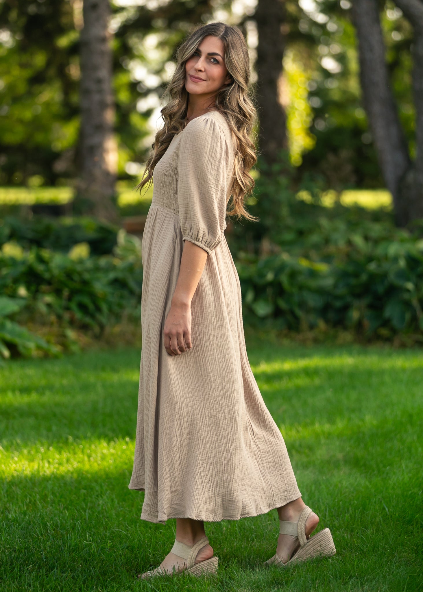 Inherit Co. Kayleen Tan Smocked Bodice Gauze Dress — lifestyle context
