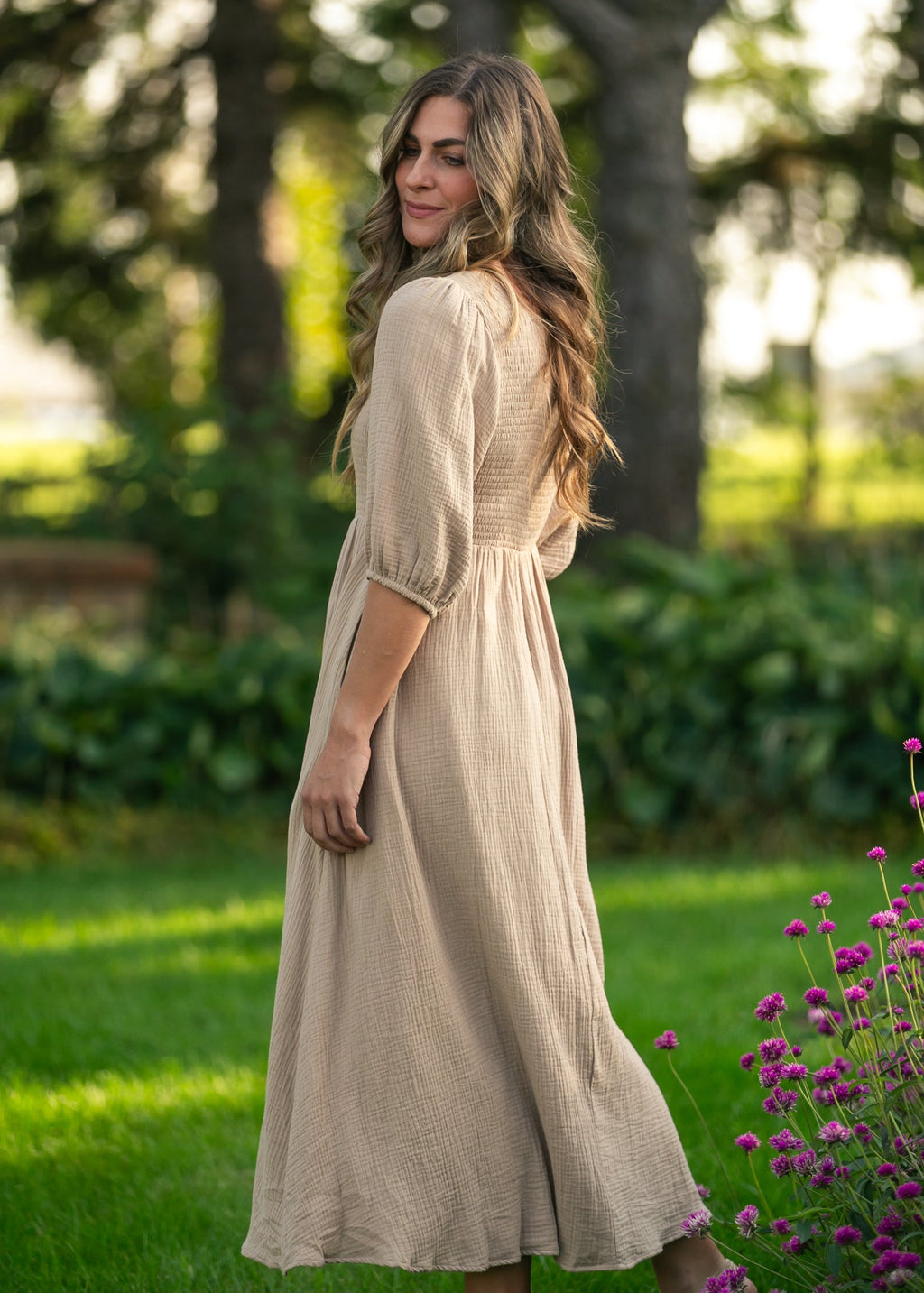 Inherit Co. Kayleen Tan Smocked Bodice Gauze Dress — size reference