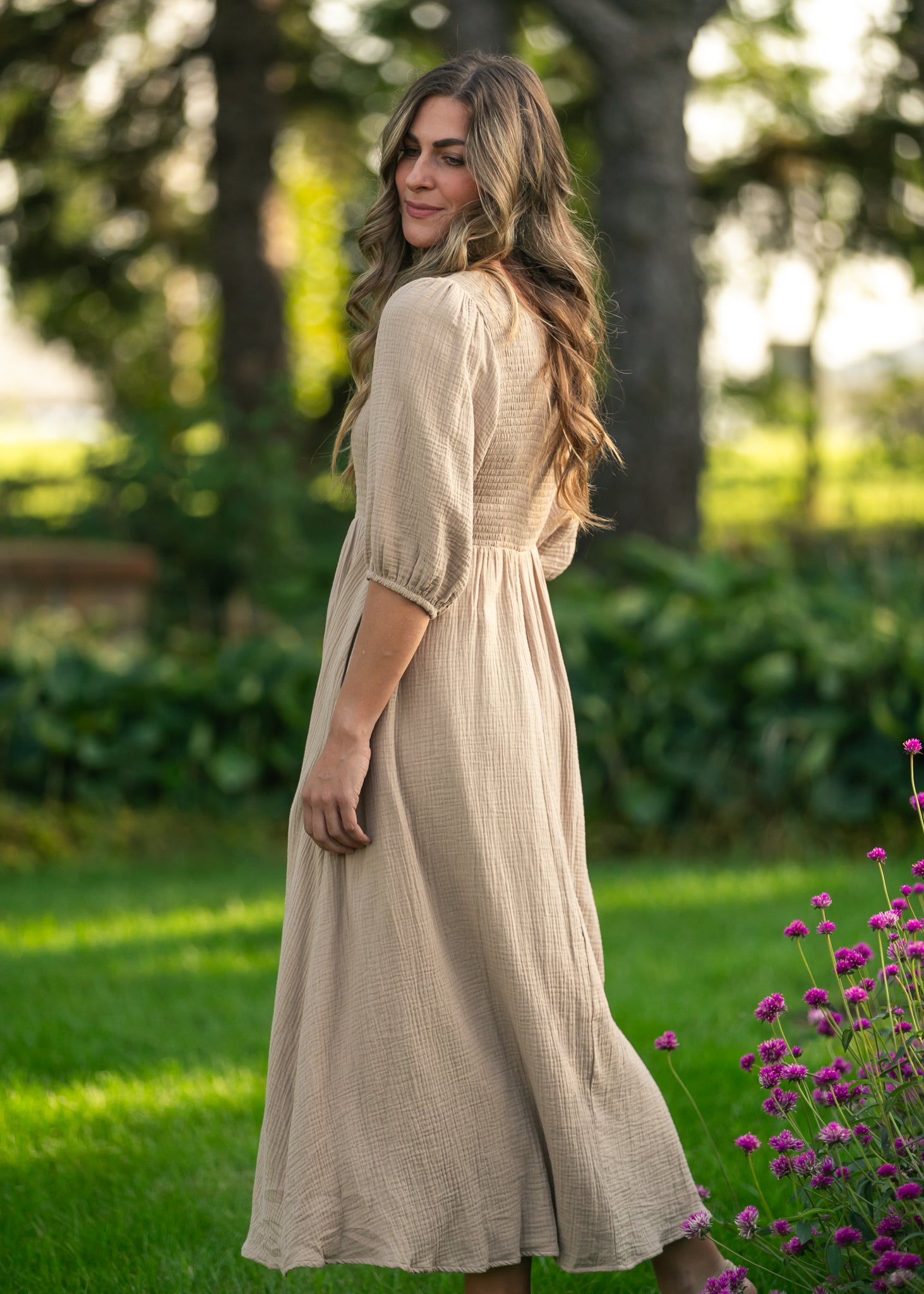 Inherit Co. Kayleen Tan Smocked Bodice Gauze Dress — size reference