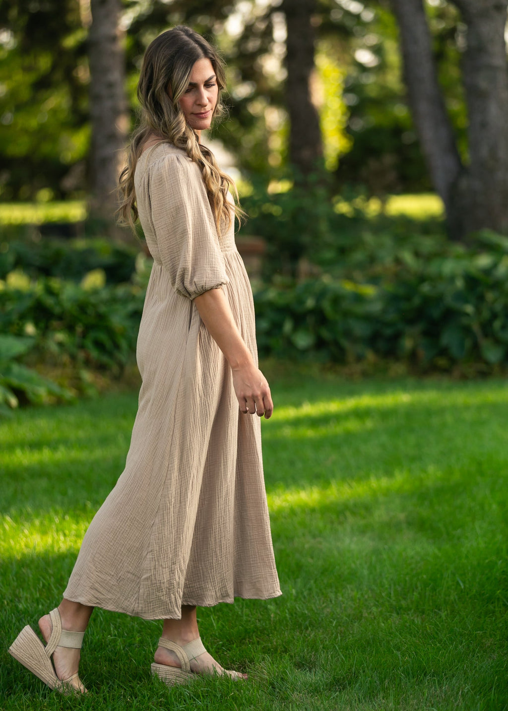 Inherit Co. Kayleen Tan Smocked Bodice Gauze Dress — back view